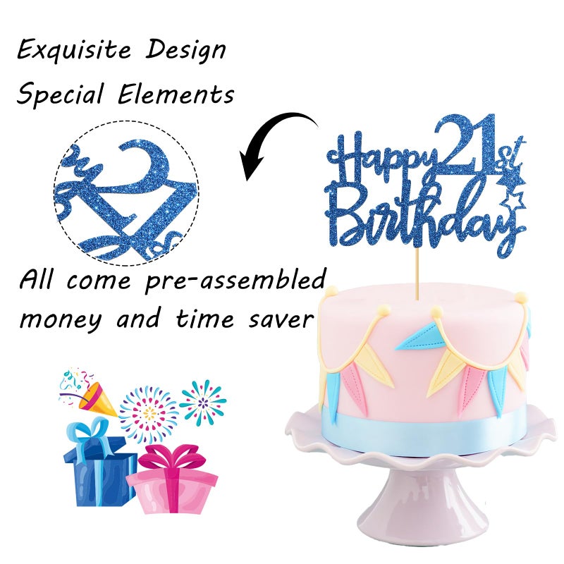 Maicaiffe Royal Blue Glitter Happy 21st Birthday Cake Topper - 21 Sign Cake Topper - Cheers to 21 Years Party Supplies - 21st Birthday Party Decorations - Image 3